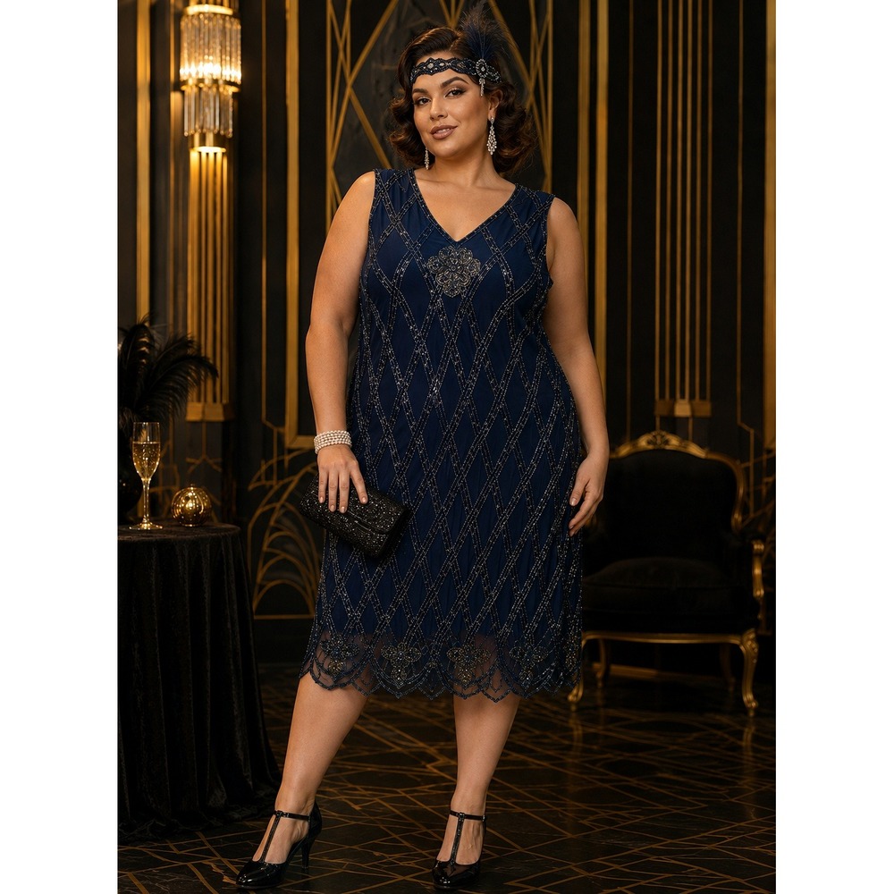 GatsbyLady Dress Womens 22 Blue Beaded Sequin Flapper Art Deco Cocktail Party